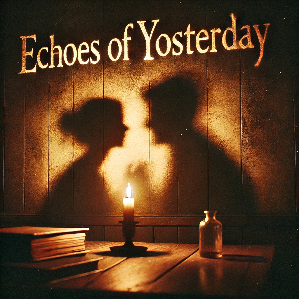 The cover image for Echoes of Yesterday A dimly lit room with flickering shadows on the walls cast by a single candle on a table The shadows form blurry ghostlike figures of a couple locked in a tense argument representing unresolved conflict The typography Echoes of Yesterday appears in a bold serif font glowing faintly on the wall fading into the darkness The atmosphere is melancholic with deep browns and faded yellows evoking a sense of nostalgia and loss