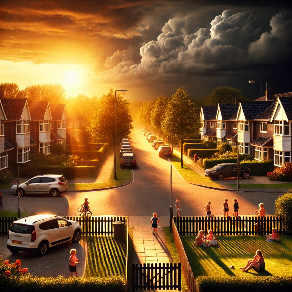 A peaceful suburban street bathed in golden sunlight Families are seen enjoying a summer day with children playing on the sidewalk and families chatting by the fences In the background dark looming clouds start creeping in slowly overshadowing the calm setting The contrast between light and darkness represents the underlying tension and the approaching threat