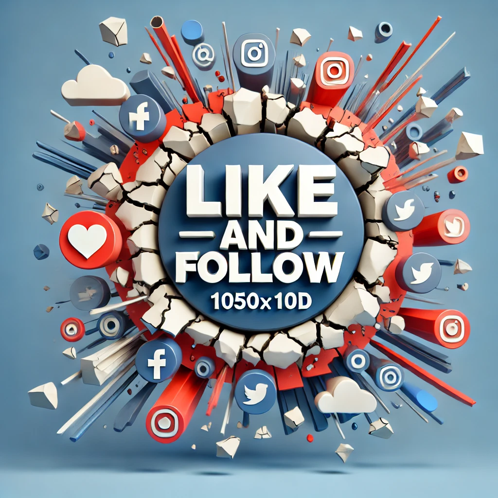 Create a 1050x1050 3D design featuring the phrase Like and Follow breaking through a cracked wall The text should be bold playful and vibrant with elements of social media icons integrated into the design The circular featured section in the center should focus on the phrase with the wall cracked around it and pieces of the wall flying outward Use bright colors like blue red and white to enhance the eyecatching effect