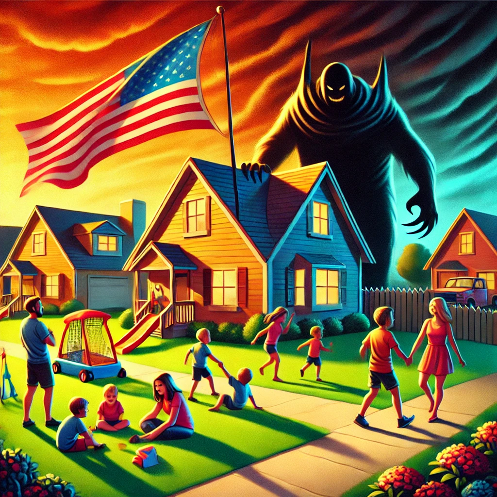 A vibrant suburban neighborhood with families playing outdoors and American flags waving in the breeze In the background a dark shadow slowly creeps in with ominous shadowy figures looming in the distance symbolizing the encroaching threat to the American Dream The scene is brightly lit with warm sunlight in the foreground while the shadows grow darker and colder as they approach