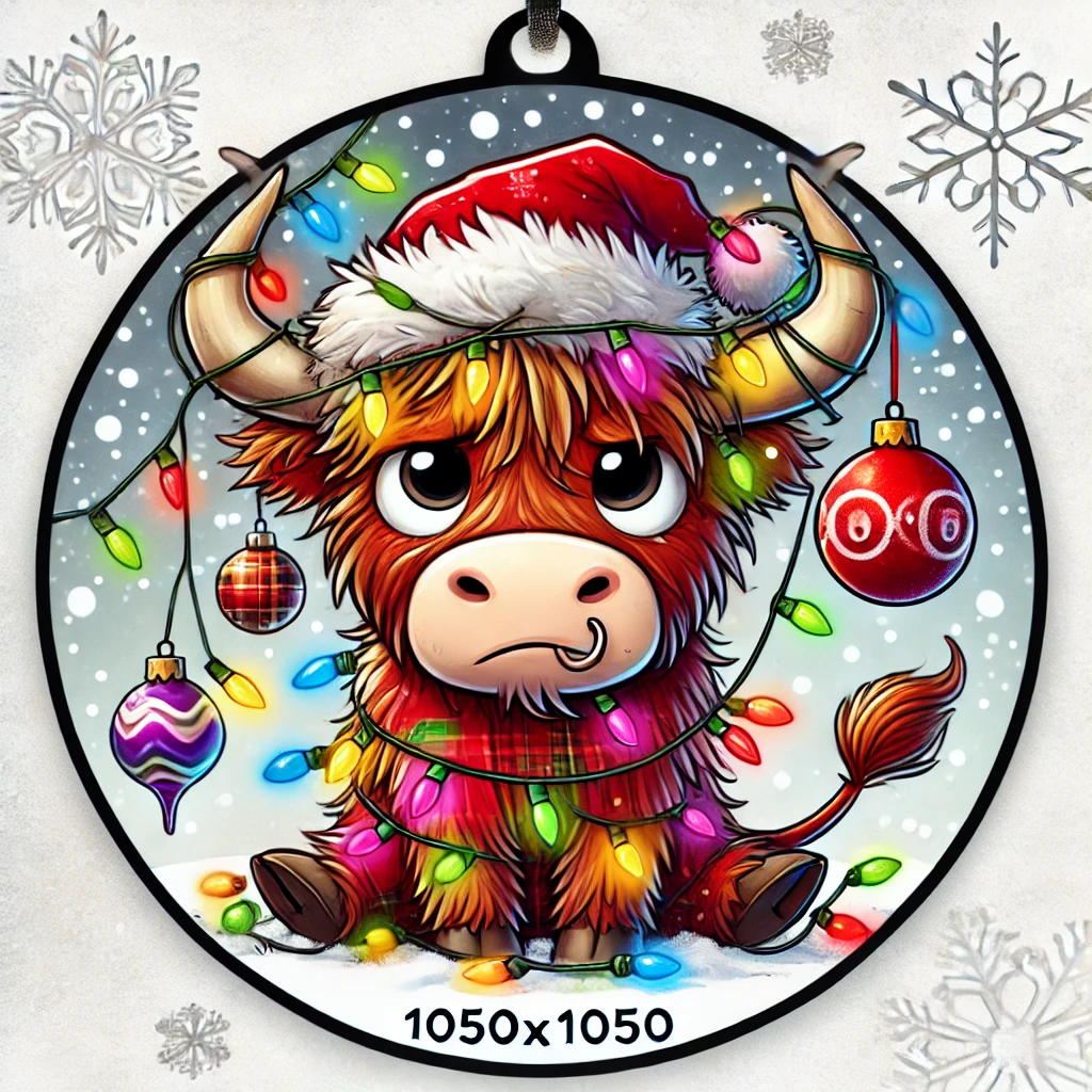 A funny and playful 1050x1050 circular ornament design featuring a lovable highland cow dressed for Christmas The cow wears a tilted Santa hat with Christmas lights tangled around its horns and colorful ornaments hanging from the lights The cows expression is comically frustrated The entire scene is filled with snowflakes and holiday cheer all contained within the circular frame
