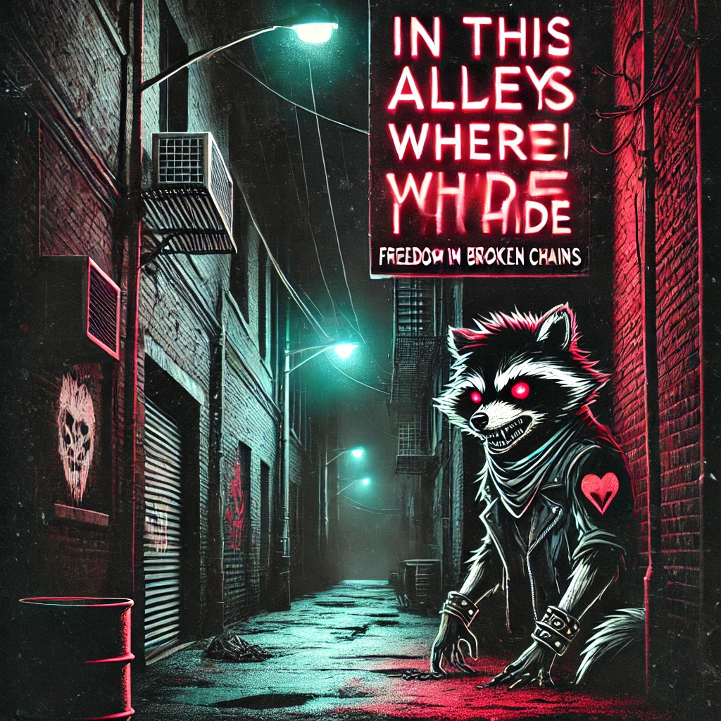 A dark edgy street scene at night with a glowing neon sign that reads In This Alley Where I Hide The setting is an urban alley illuminated by harsh flickering streetlights Shadows creep along the brick walls graffiti splattered with haunting images of broken hearts and shattered chains A raccoon with a bandana crouches embodying a mix of rebellion and solitude The typography is bold and jagged the words Love in the Shadows prominently displayed at the top while smaller sleek text at the bottom reads Freedom in Broken Chains The lighting is highcontrast with a dark moody color scheme accented by red neon lights for a touch of danger and urgency The font style is rough and distorted for the title and clean for the smaller text