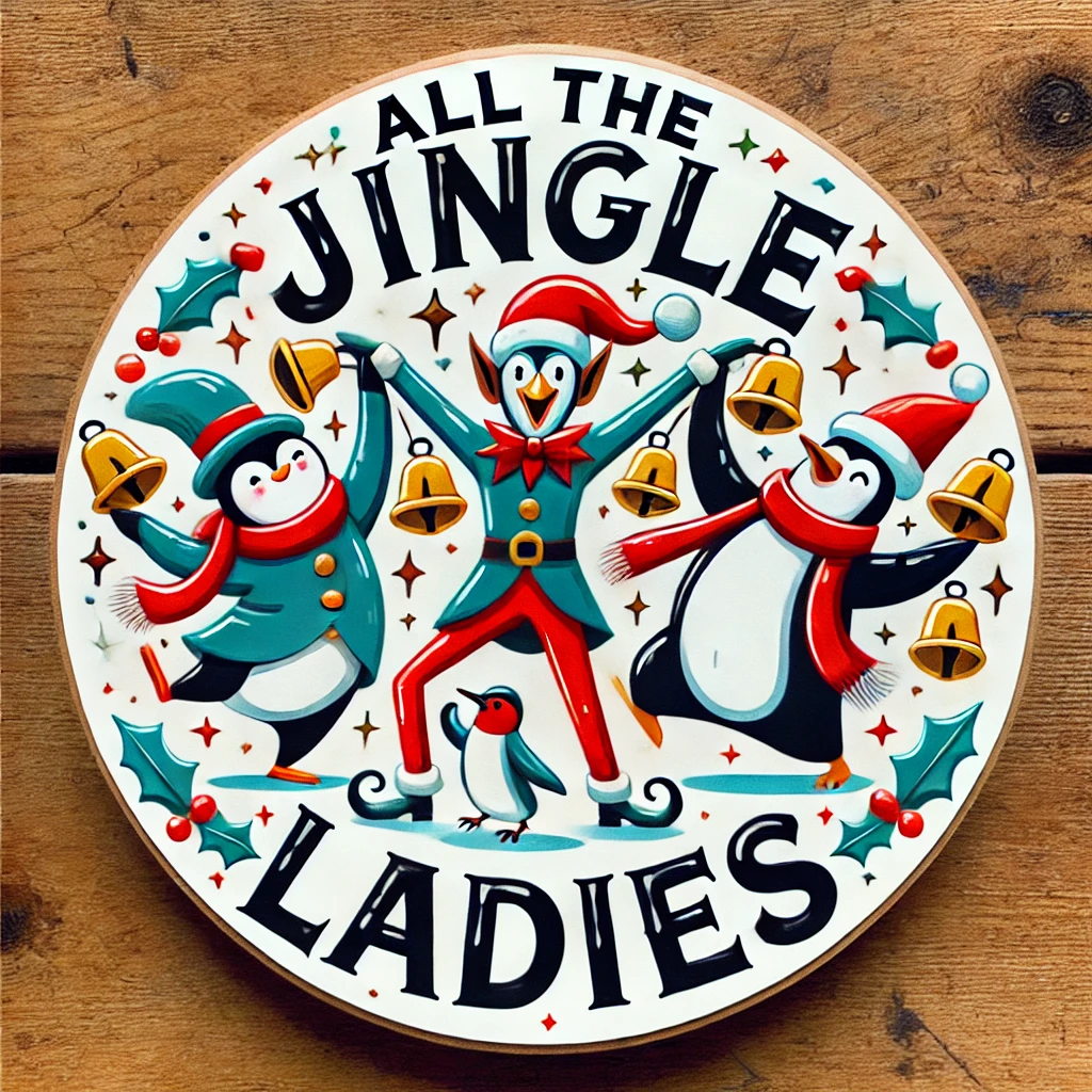 A whimsical circular ornament design featuring three festive characters such as elves or penguins joyfully dancing with jingle bells and wearing Christmas hats The phrase All the Jingle Ladies is written in bold and fun font above them The scene is filled with energy holiday cheer and is completely enclosed within the circular frame