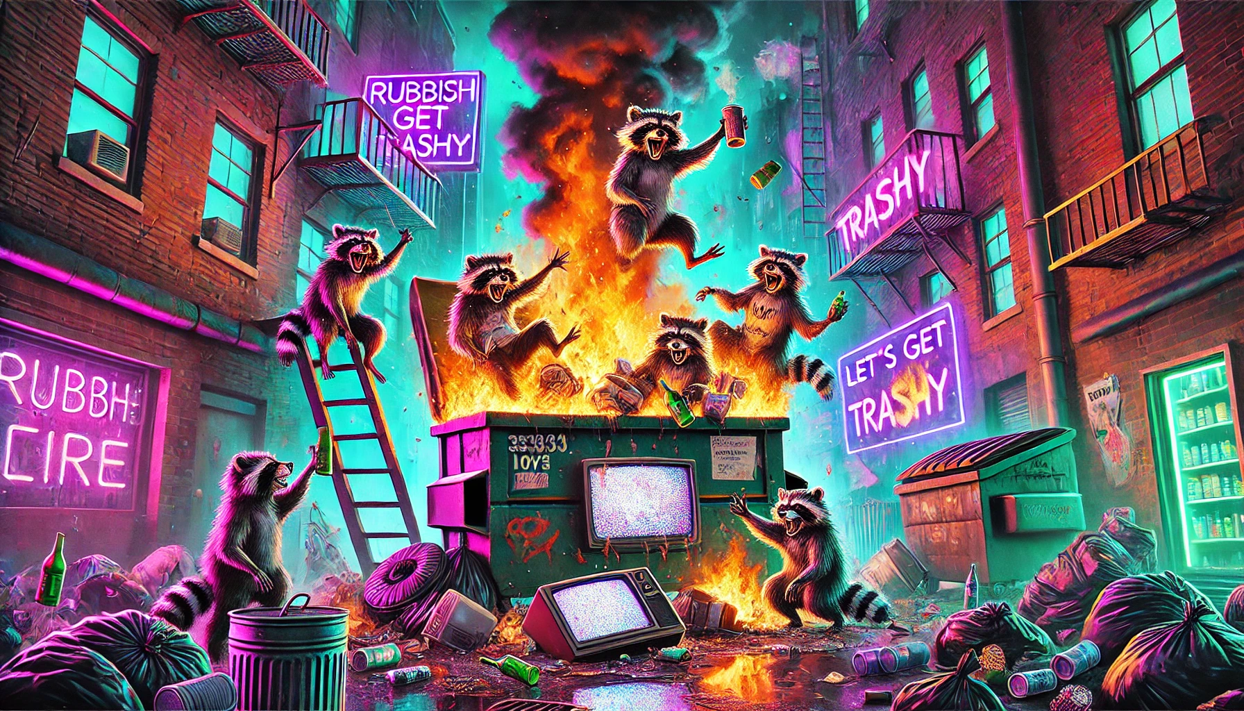 A wild variation of the dumpster fire scene The alley is chaotic with smoke rising high into the sky TrashCat raccoons have started smashing old TVs ripping open garbage bags and throwing trash into the flames Neon lights flicker casting purple and green hues over the scene Graffiti now reads Rubbish Love and Lets Get Trashy One raccoon sits atop a dumpster chugging a drink with a grin while others throw old bottles into the fire The feeling is one of complete rebellion as they embrace the chaos The mood is electric and the fire rages higher