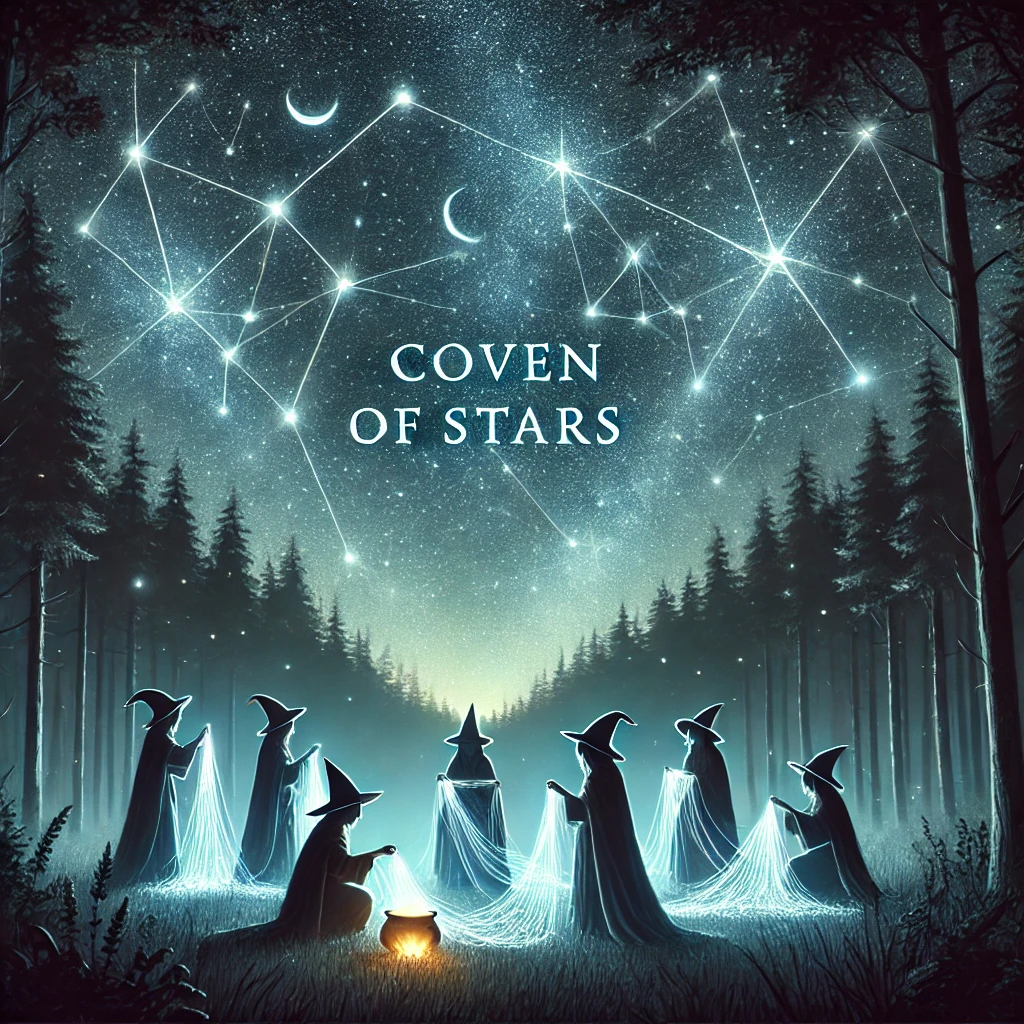 A group of witches gathered under a night sky full of stars in a dark forest They are weaving magic from the constellations with glowing threads connecting them to the celestial bodies above The forest is illuminated by starlight creating an enchanting and mystical atmosphere The text Coven of Stars is displayed in the sky with a soft glowing font