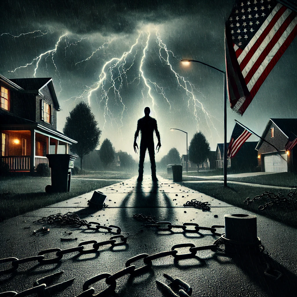A haunting suburban scene at twilight where dark shadows encroach on a once peaceful neighborhood In the center stands a distorted figure symbolizing the rise of authoritarianism and terror The background shows fractured American flags hanging limply from poles Lightning strikes in the distance casting an eerie glow over the scene The foreground displays broken chains symbolizing the loss of freedom scattered across the ground The atmosphere is ominous and oppressive with a storm brewing overhead