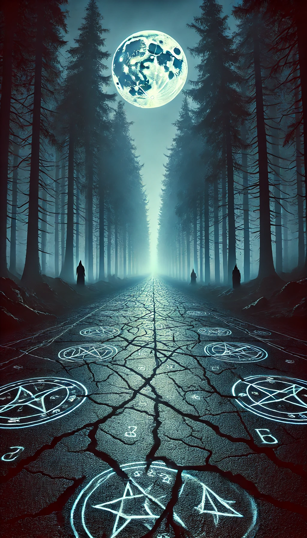 A wide eerie view of an ancient road winding through a shadowy forest The road is cracked and covered in glowing mystical symbols The moonlight creates sharp contrasts casting shadows from the towering trees Silhouettes of witches can be faintly seen in the distance standing on either side of the road The colors are dark and muted with deep blues blacks and a few glowing highlights from the symbols The atmosphere feels mystical and foreboding with no typography needed for this image