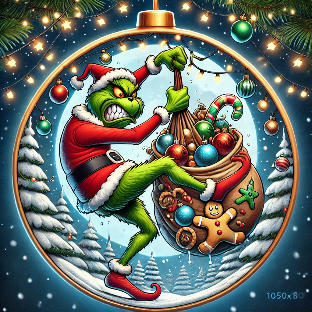 A funny and dynamic circular 1050x1050 ornament design featuring the Grinch midaction caught in the act of stealing Christmas decorations He is hanging from a glowing strand of Christmas lights mischievously stuffing shiny baubles gingerbread men and candy canes into his oversized sack The entire scene is contained within the circular frame with a snowy background and twinkling stars in the sky