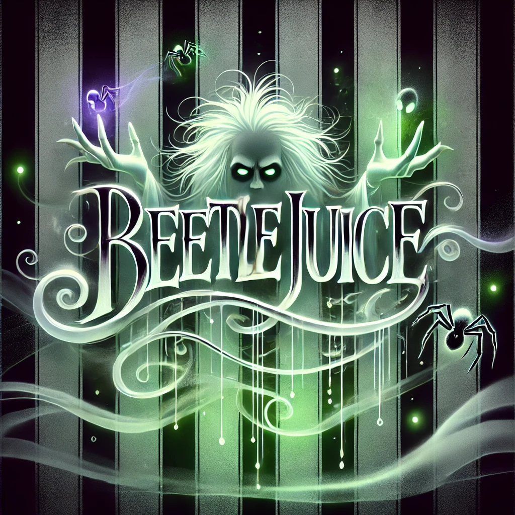 A ghostly and ethereal design with the text Beetlejuice written in a wispy cursive font The text is semitransparent and glows with a green and purple aura giving it a supernatural ethereal look The background features slightly translucent blackandwhite stripes with a green fog creeping between the lines Faint glowing ghost spiders float in the background adding a haunting ambiance Floating orbs and faint spirits swirl in the air further enhancing the ghostly supernatural atmosphere