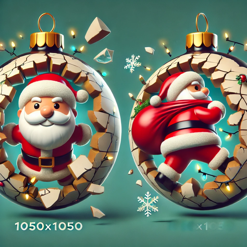 In this 1050x1050 circular ornament design Santa is humorously breaking through a cracked wall Despite the playful chaos all of the wall fragments debris and festive elements like glowing Christmas lights and snowflakes are contained within the circular boundary The front shows Santas cheerful face peeking through the crack with a bright smile and the back side humorously displays Santas backside pushing through the same wall The design exudes humor while being neatly framed within the ornaments circular shape