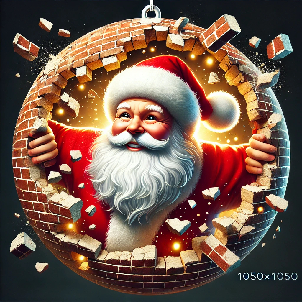 In this 1050x1050 circular ornament design Santa is bursting through a thick cracked wall his cheerful face framed by chunks of crumbling brick His expression is joyful yet determined as if he has triumphed through some sort of holiday challenge The wall pieces are scattered around him creating a dynamic sense of motion His classic red and white suit is crisp with his hat tilted playfully to one side Santas beard is fluffy and full accentuating his glowing rosy cheeks Surrounding him a festive glow emanates from subtle golden lights embedded into the cracks adding to the magic of the moment The entire design is contained perfectly within the circular boundary with no elements breaking free from the circle