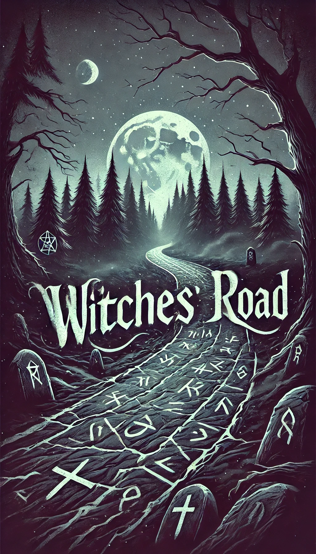 An ominous view of a dark ancient forest with a cracked witches road winding through it The road is marked with faintly glowing runes The atmosphere is eerie with moonlight casting shadows and fog swirling around the path Bold carvedlike typography reads Witches Road emphasizing a sense of foreboding The scene features dark tones with muted blues and purples capturing the mysterious and mystical mood