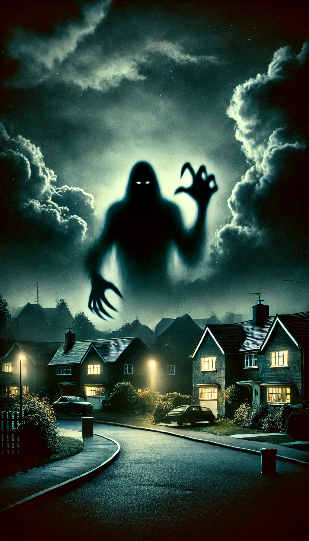 At 00025 A sinister shadow creeps in from the background dark clouds gathering over the peaceful suburban neighborhood The atmosphere turns ominous as the brightness fades into a foreboding gloom The figures of a hidden threat begin to form casting long eerie shadows over the neighborhood