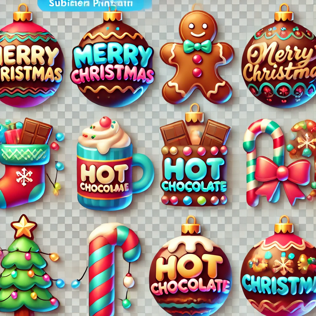 Create a set of 12 vibrant and playful 3D Christmas ornament designs in an inflated style These ornaments should have colorful holiday themes including phrases like Merry Christmas gingerbread cookies hot chocolate and festive icons such as Christmas trees candy canes and snowflakes The designs should be ready for sublimation printing featuring bold colors and a trendy modern look They should appear fun and festive perfect for decorating Christmas ornaments or holidaythemed items Use a variety of holiday elements like Santa Claus reindeer and Christmas lights to bring the designs to life Make sure the backgrounds are transparent and the ornaments are isolated with clear visible details