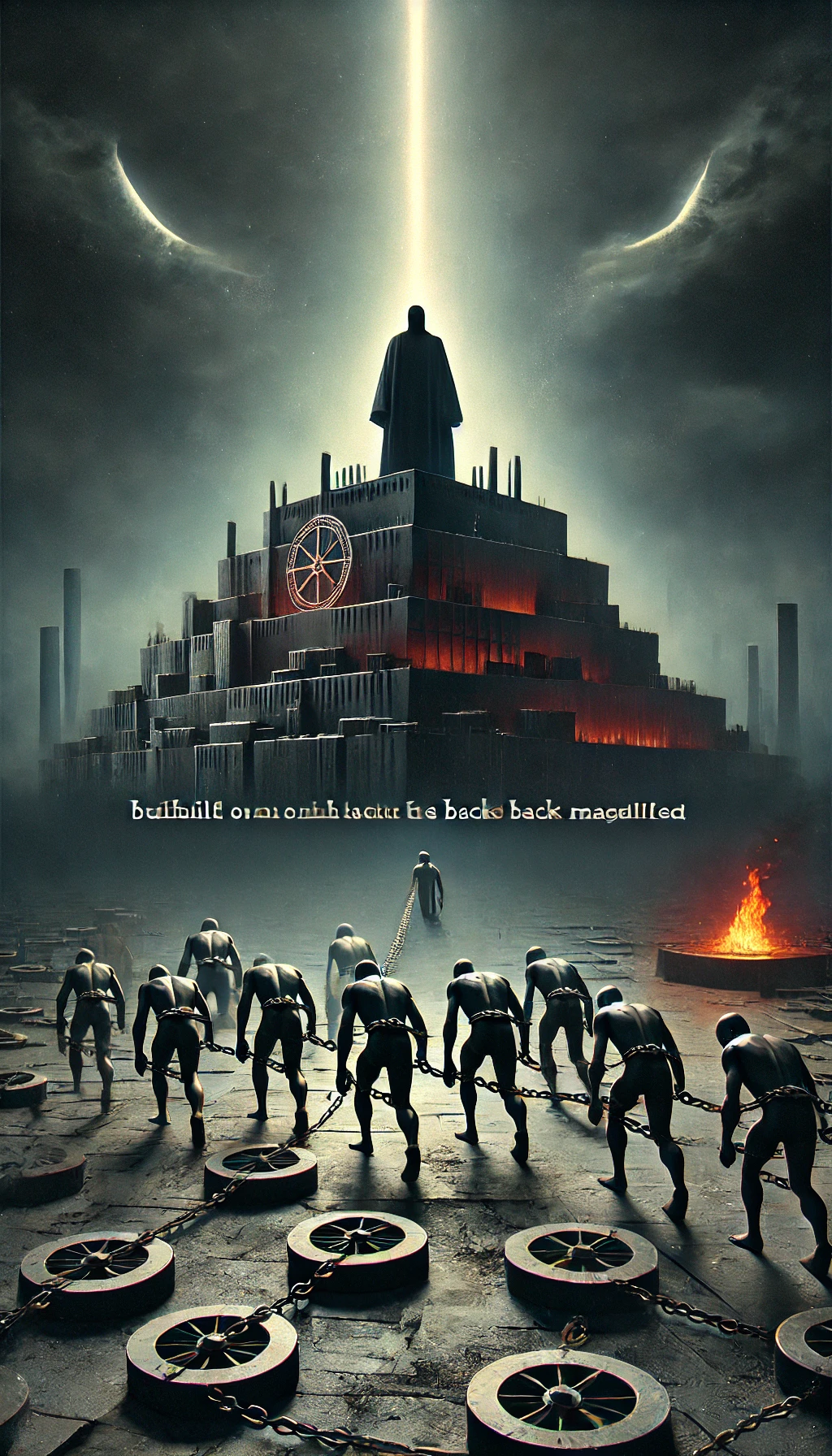 At 00101 A dark and authoritarian regime rises built on the backs of the marginalized In the foreground faceless figures are chained and forced to carry the weight of a grand looming structure representing the authoritarian system The background is dark and oppressive with a flicker of flames in the distance signifying the flames of bigotry