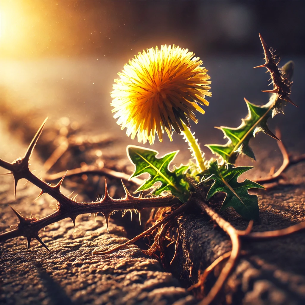 A closeup shot of a dandelion blooming in the cracks of the pavement with thorny vines wrapping around it The lighting is warm casting a hopeful glow over the resilient dandelion despite the harsh surroundings
