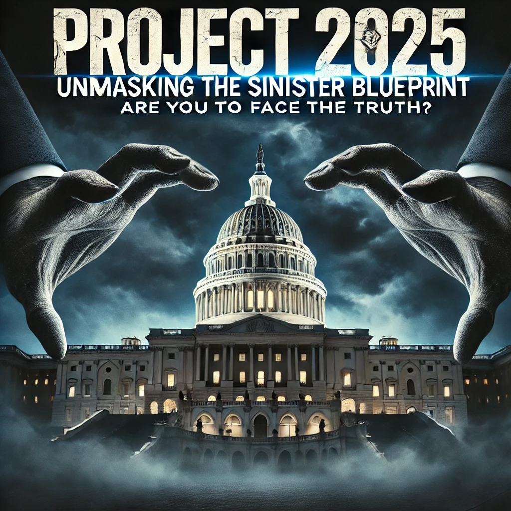 A dramatic night scene showing the US Capitol at the center shrouded in dark clouds with shadowy hands gripping the building from above The text Project 2025 Unmasking the Sinister Blueprint is boldly displayed across the top with Are you ready to face the truth in smaller eerie font at the bottom The font should be bold and cracked symbolizing pressure and decay The entire scene should be dark and moody with a heavy emphasis on contrast between the shadowy elements and the illuminated Capitol