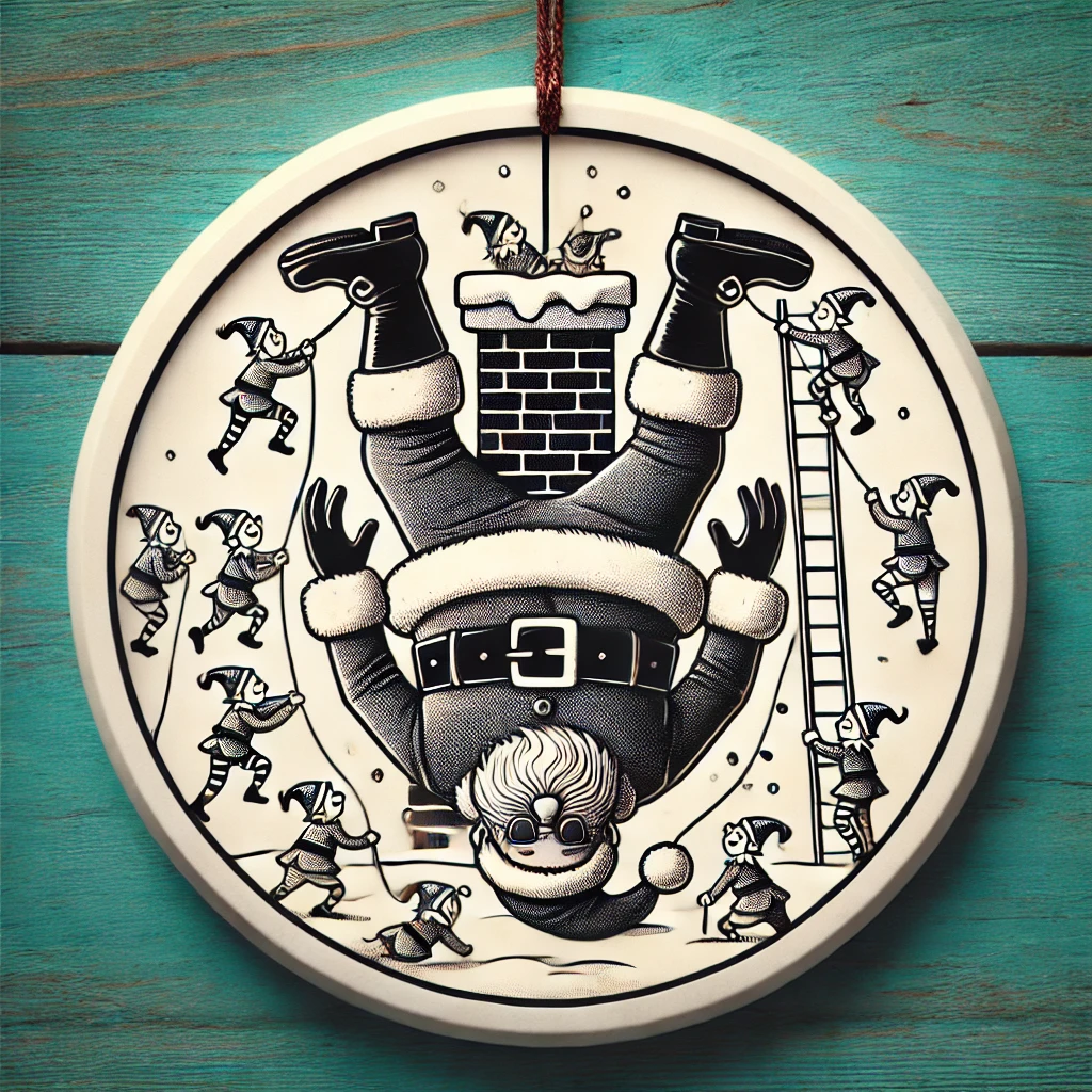 A circular ornament design featuring Santa stuck upside down in a chimney Only his legs and boots are sticking out while a group of elves gather around pulling ropes and ladders trying to help him out The scene is playful and filled with holiday cheer fully contained within the circular frame