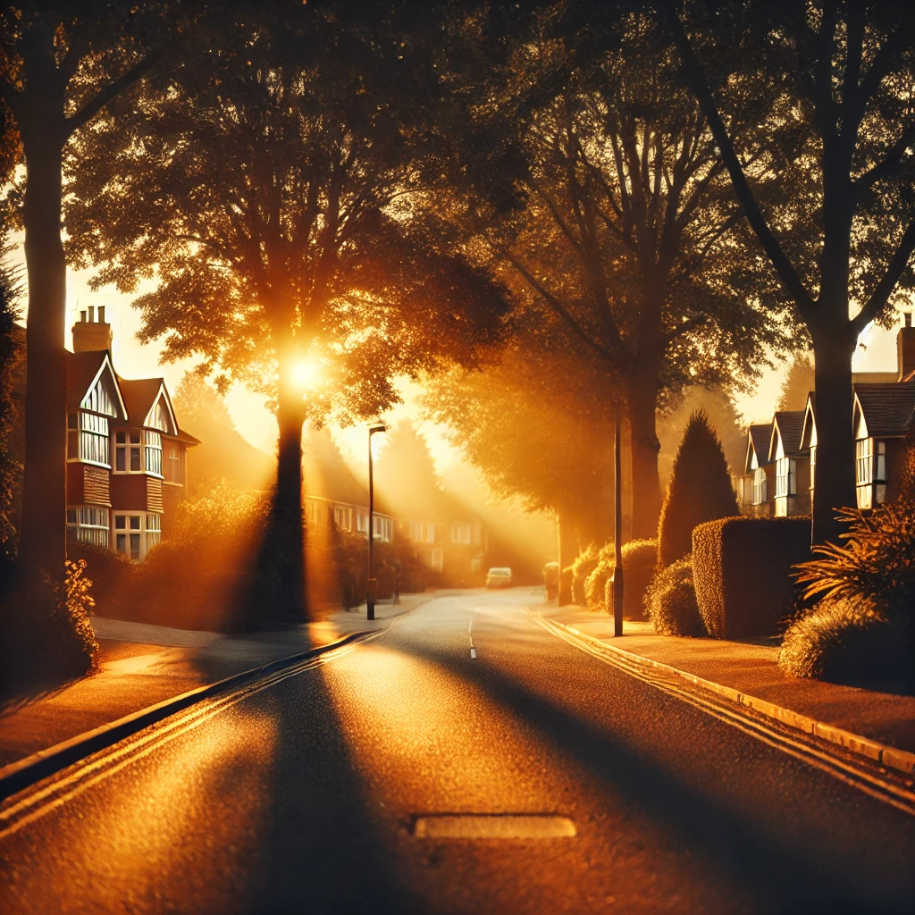 A peaceful suburban street bathed in golden sunlight at dusk with trees lining the road and casting long shadows The scene captures warmth and tranquility with soft light filtering through the trees dappling the road In the distance dark shadows start to creep in from the edges subtly hinting at an approaching threat The focus is on the serene idyllic scene with a warm nostalgic atmosphere