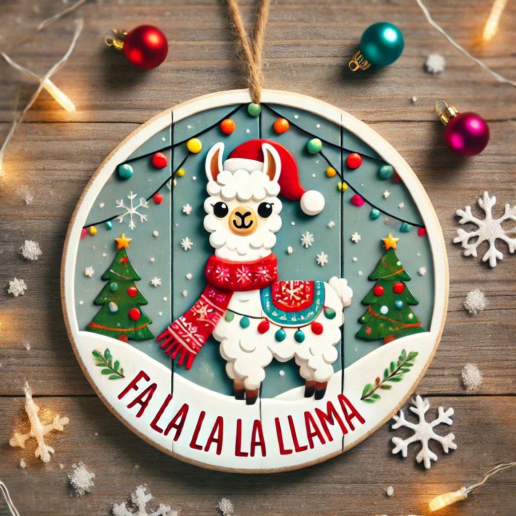 A whimsical circular ornament design featuring a cheerful llama dressed for the holidays wearing a bright red scarf and a Santa hat The llama stands in a snowy landscape surrounded by twinkling lights and colorful ornaments The phrase Fa La La Llama is written above in bold playful letters Snowflakes fall gently fully contained within the circular frame
