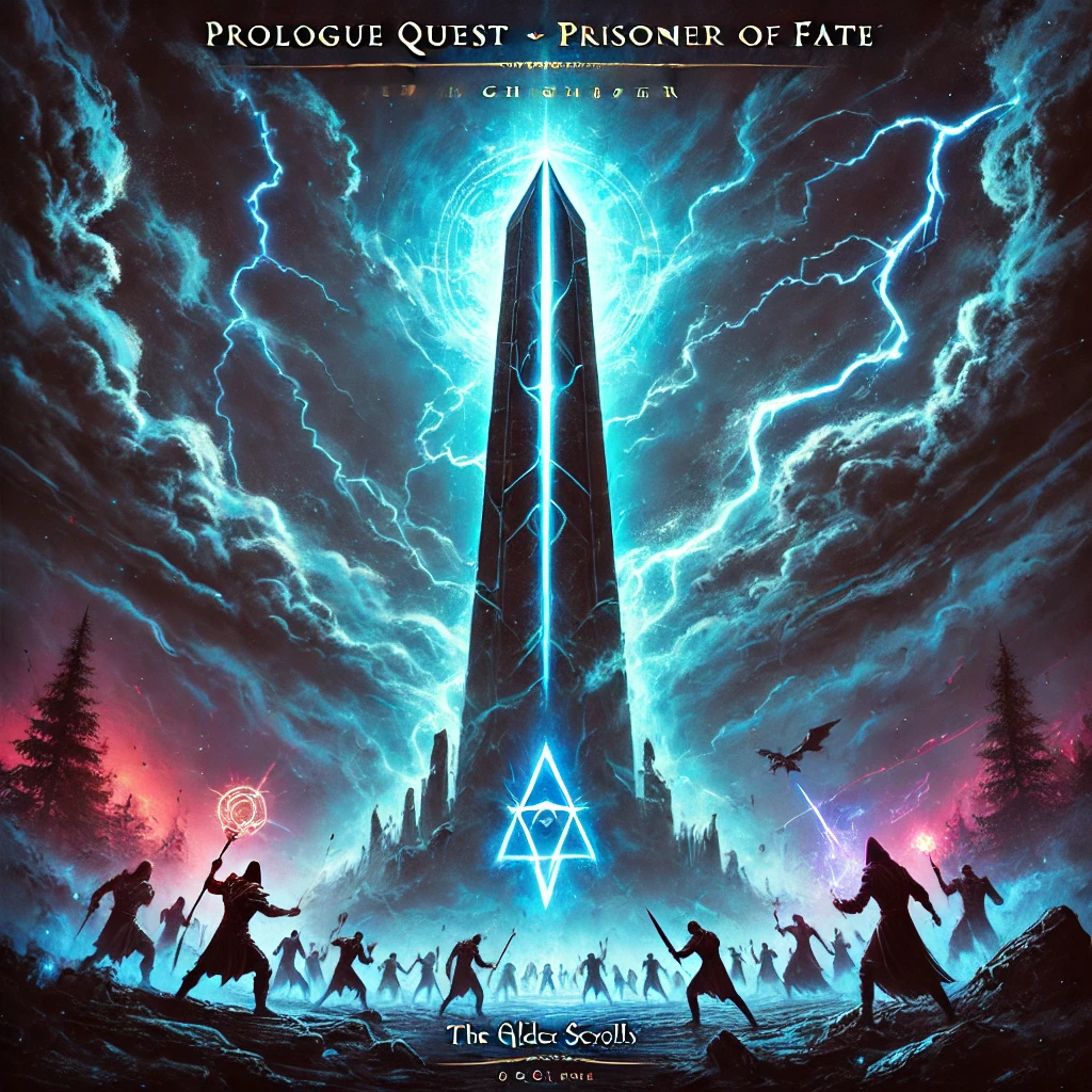 A towering obelisk stands amidst a swirling storm in the Gold Road chapter of Elder Scrolls Online Lightning cracks the sky casting a blue glow on the figures battling below Dark shadowy figures clash with glowing weapons while magical energy radiates from the obelisk The typography bold and sharp reads Prologue Quest  Prisoner of Fate  Gold Road Chapter at the top of the image in glowing blue evoking a sense of urgency and chaos The colors are dark with electric blues and reds highlighting the intense magical battle unfolding