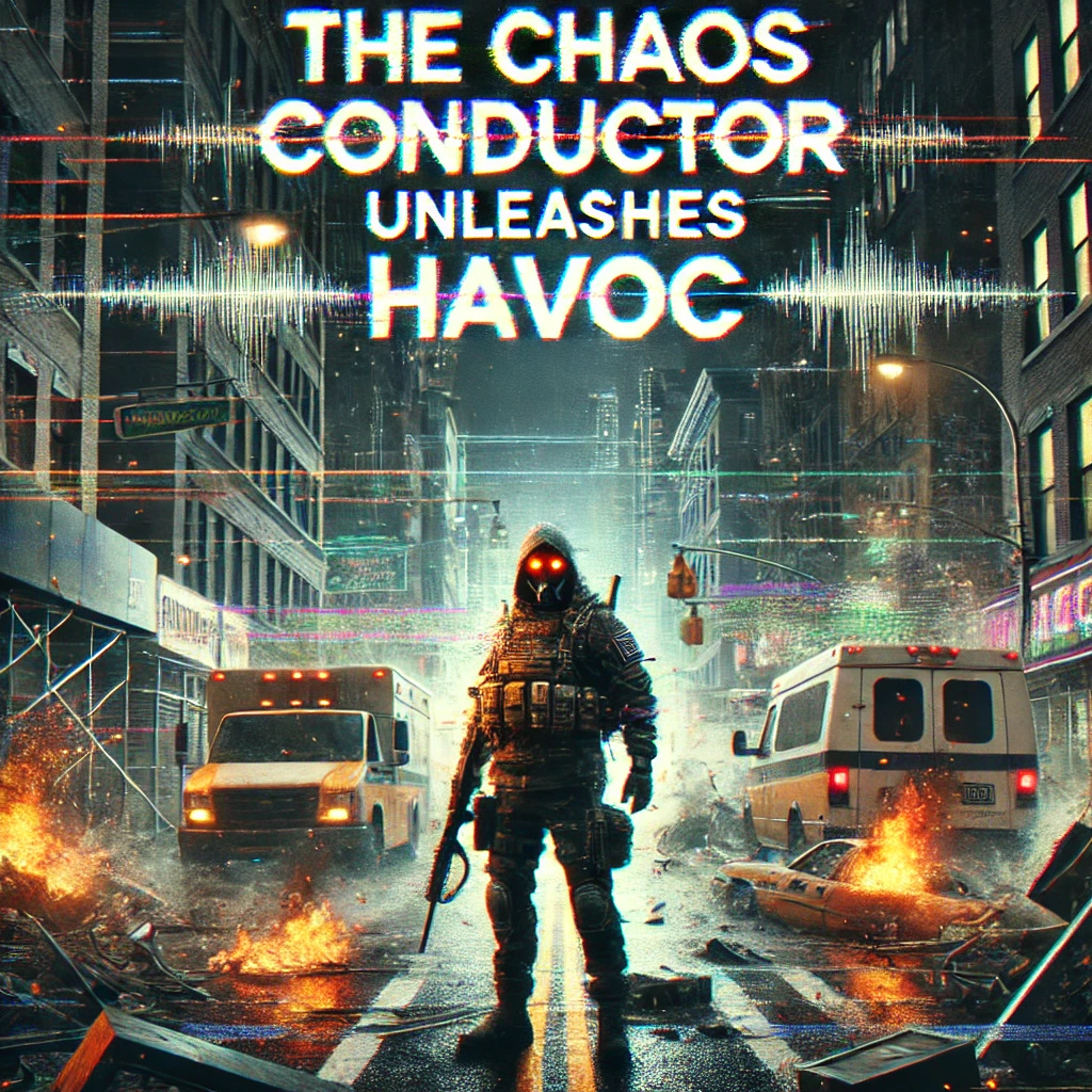 A chaotic urban scene where the Chaos Conductor unleashes destruction The character is standing in the center of the city with small fires broken streetlights and sparks flying He is wearing a tactical outfit with a chaosthemed design The background shows the city in disarray with flickering neon lights and debris Typography is scattered saying The Chaos Conductor Unleashes Havoc in distorted glitchy font to represent the chaos