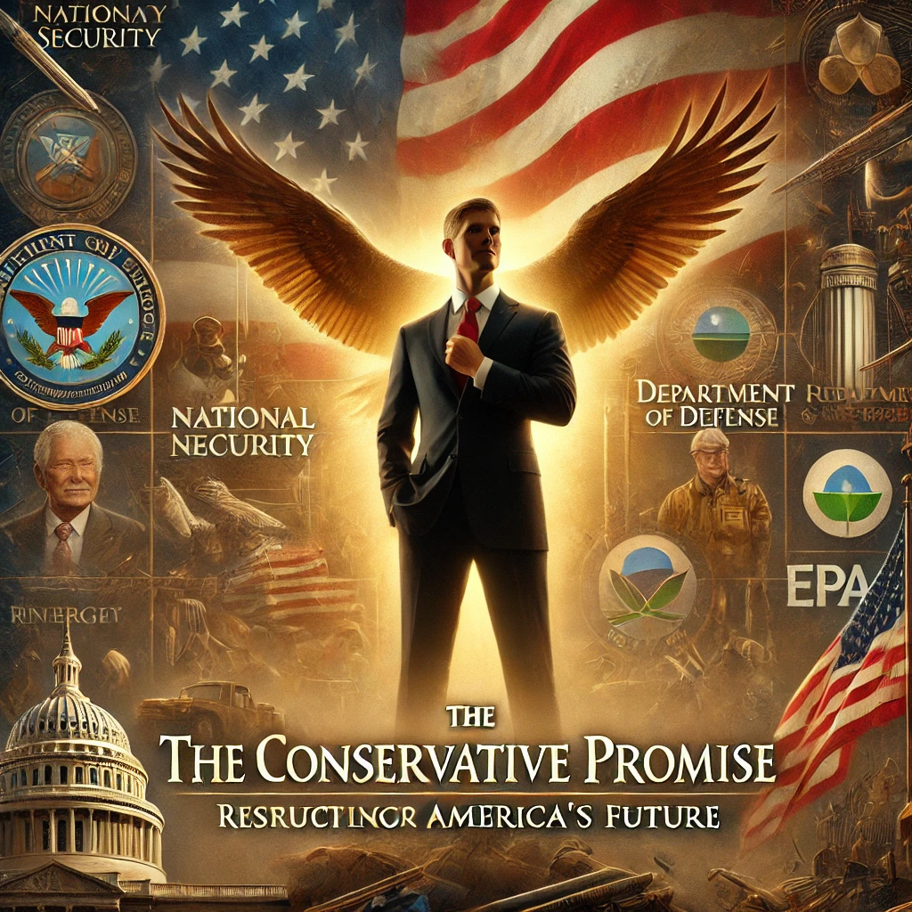 A powerful cover image for The Conservative Promise Restructuring for Americas Future The scene shows an American flag prominently in the background symbolizing patriotism and the promise for a united future In the foreground symbols of national security and various departments such as the Department of Defense and EPA are subtly integrated into the composition A confident figure stands tall symbolizing leadership and the drive to implement conservative values The background shows a blend of traditional American symbols like the eagle alongside modern challenges like energy and labor issues The scene is lit with a warm golden hue that suggests hope and a brighter future but with strong contrasts that highlight the challenges ahead The title The Conservative Promise is displayed prominently at the top in a bold authoritative font with Restructuring for Americas Future in a smaller elegant font beneath it