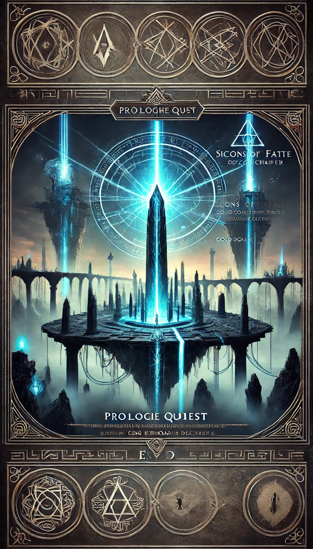 A dark and mystical landscape of floating platforms connected by ancient bridges with glowing Daedric runes and magical tendrils of light surrounding a tall obelisk The obelisk shoots a beam of blue light into the sky with a Daedric warrior in the center Typography in bold gothic style with Prologue Quest Prisoner of Fate  Scions of Ithelia DLC  Gold Road Chapter  ESO