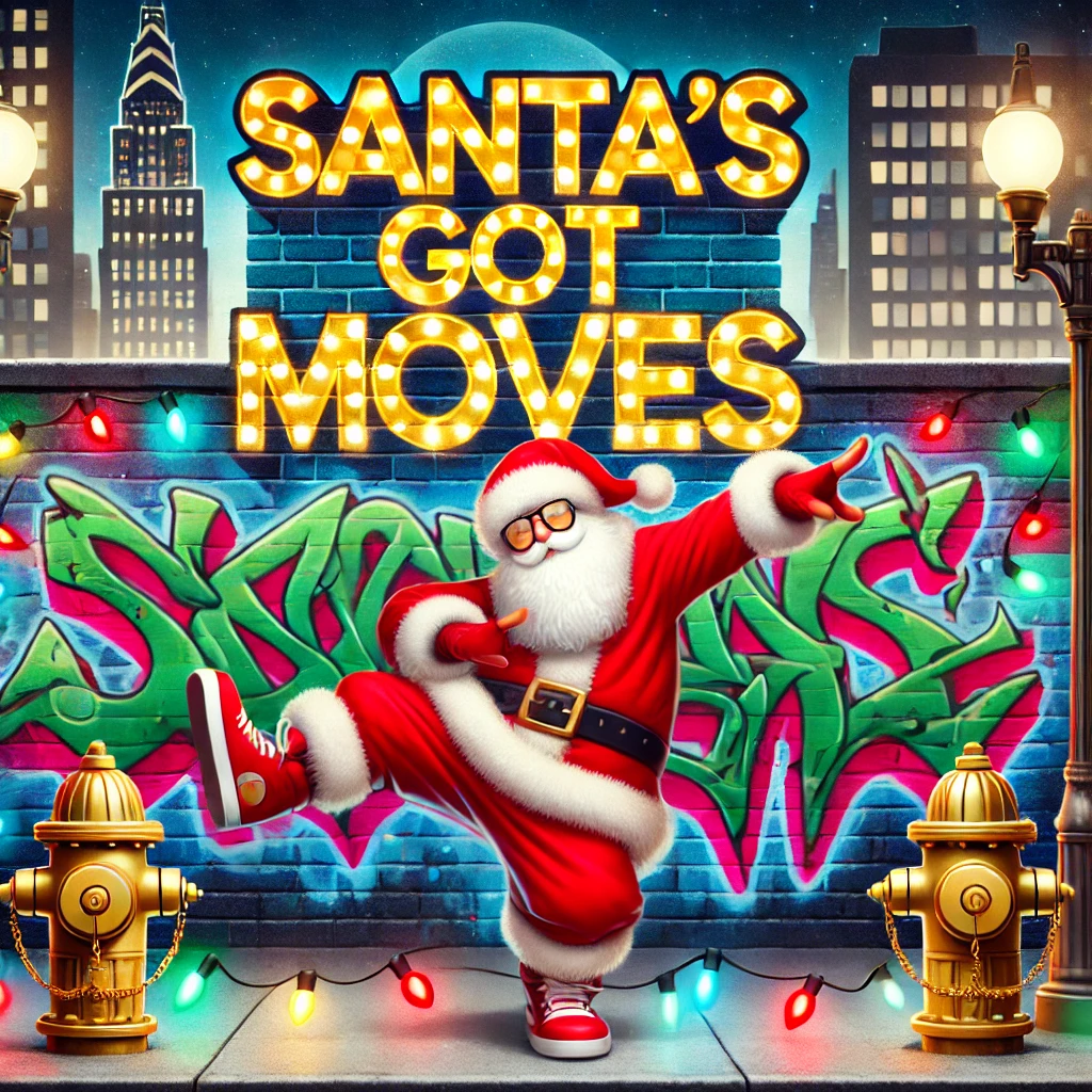 A playful urbanthemed Christmas design featuring Santa breakdancing in front of a graffiticovered wall The vibrant street art spells out Santas Got Moves in bold letters with glowing Christmas lights wrapped around urban elements like fire hydrants and street lamps The background shows a night cityscape blending festive cheer with street culture