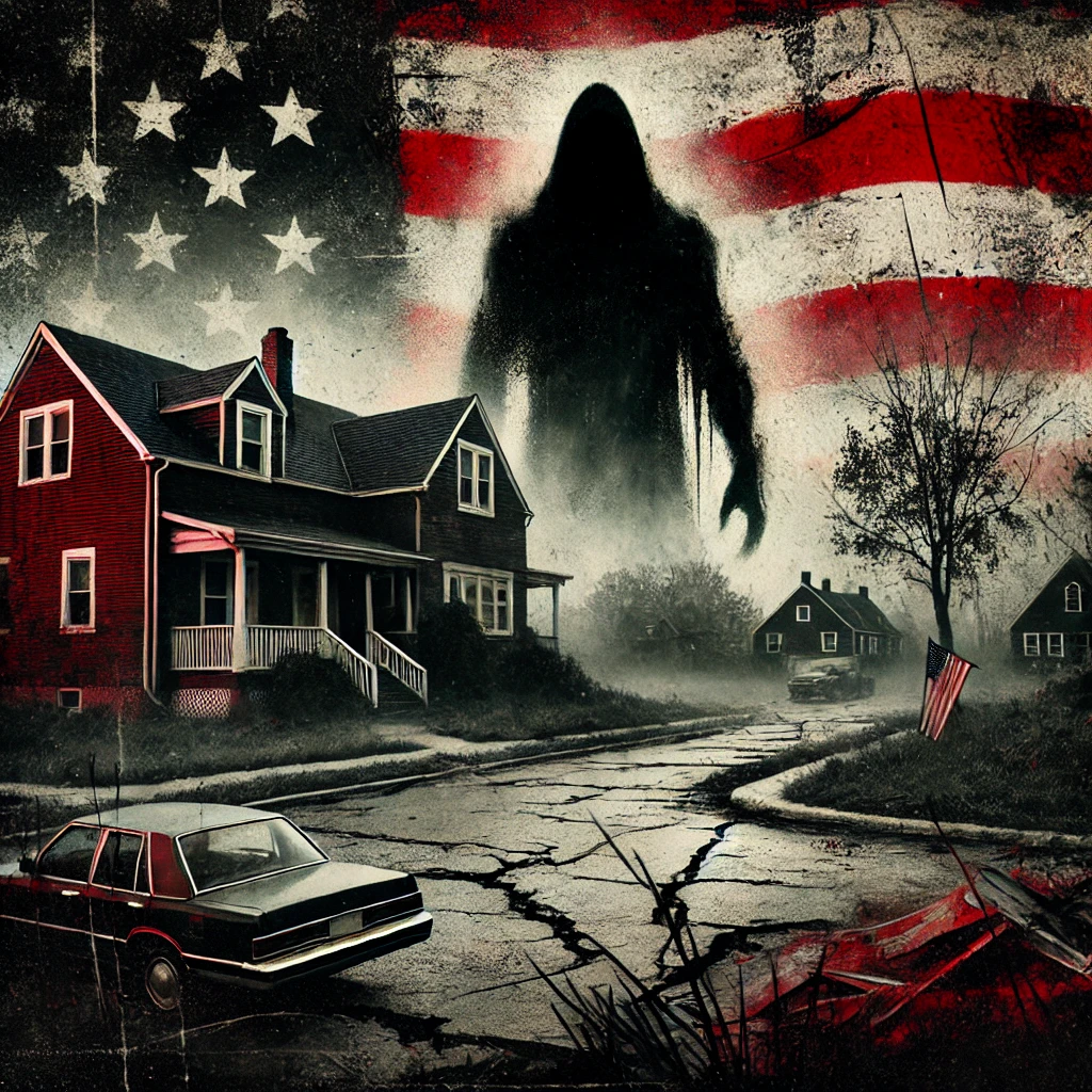 A dark shadowy figure emerging from the fog looming larger over a crumbling suburban neighborhood The houses show cracks and the American flags in the background are tattered The figures vague silhouette imposes a sense of dread representing a threat overtaking the peaceful American landscape Deep reds and blacks dominate the background with subtle hints of fading American symbolism Gritty scratched text A Sinister Force runs across the center of the image
