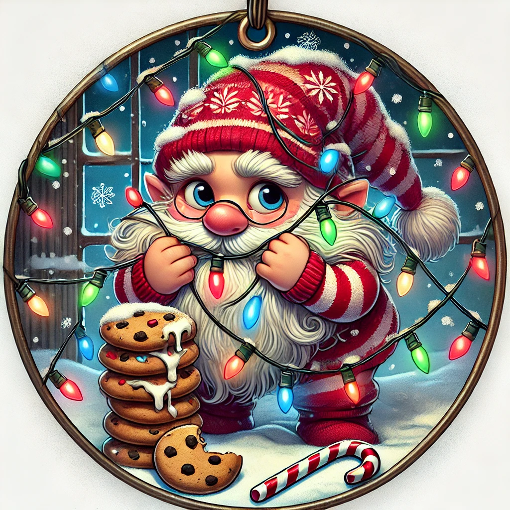 A whimsical 1050x1050 circular ornament design featuring a mischievous holiday gnome caught with his beard tangled in Christmas lights He stands beside a stack of stolen cookies and candy canes with a playful mischievous smile Snowflakes gently fall around him The entire scene is contained within the circular frame