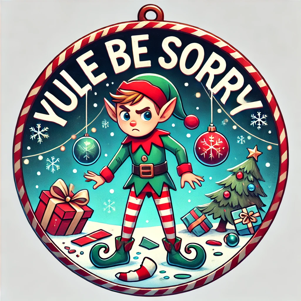 A mischievous circular ornament design featuring an elf or reindeer caught in the middle of a prank The character is standing beside toppled gifts or broken ornaments looking guilty but cheeky The phrase Yule Be Sorry is written above in playful bold font The scene is framed by snowflakes and Christmas garlands all contained within the circular frame