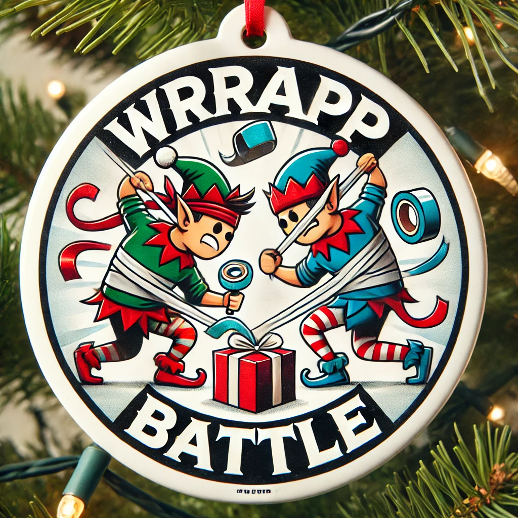 A funny circular ornament design featuring two characters like elves or reindeer engaged in a fierce wrapping competition Wrapping paper ribbons and tape are flying everywhere as they try to outdo each other The phrase Wrap Battle is written in bold energetic font above The scene is lively and humorous contained within the circular frame