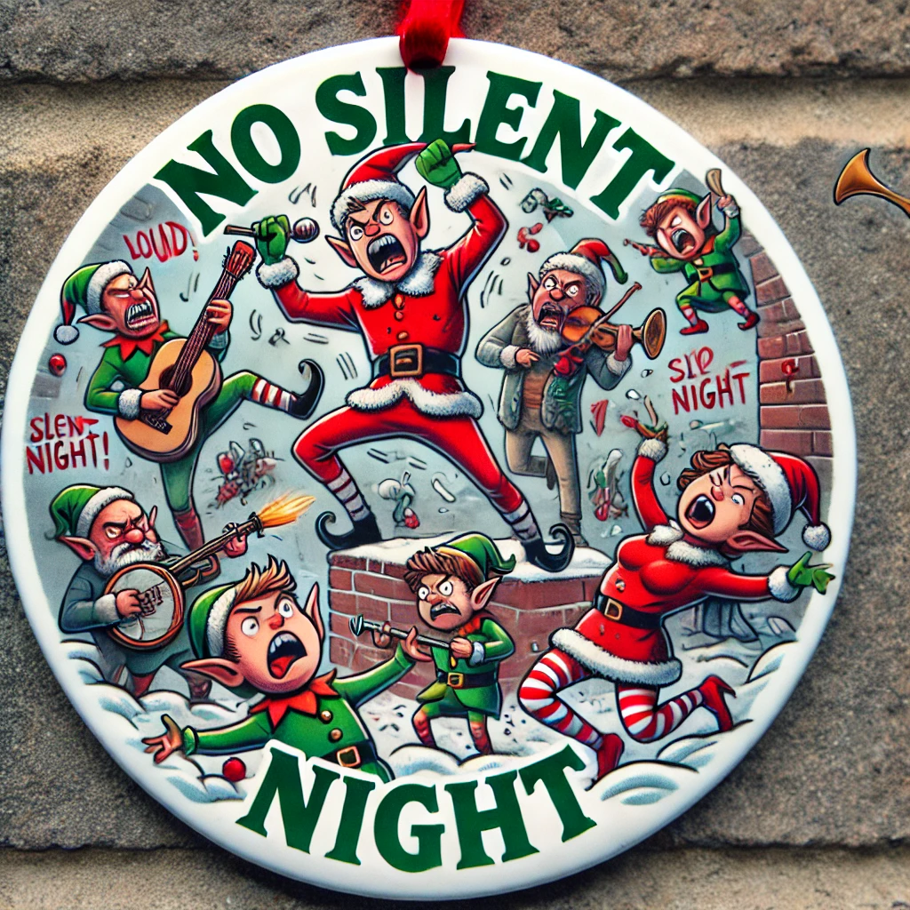A chaotic and humorous circular ornament design featuring characters like elves or reindeer causing noisy Christmas antics The characters are playing loud instruments throwing snowballs and creating a fun holiday ruckus The phrase No Silent Night is written in bold festive typography The scene is lively festive and fully contained within the circular frame