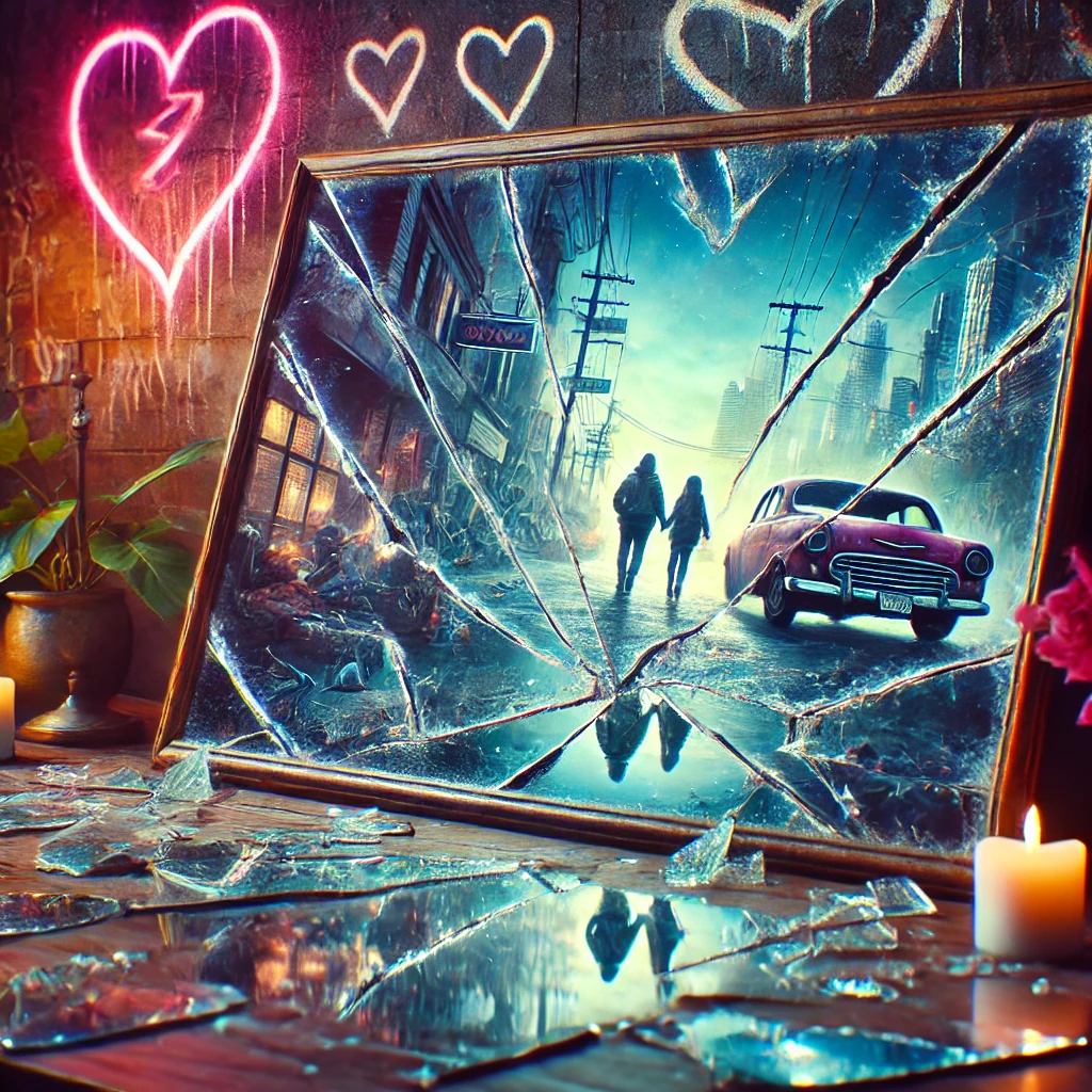 A fragmented scene with pieces of a shattered mirror reflecting different moments from the past The reflections show faded memoriesa distant couple walking an old brokendown car and forgotten places Neon lights flicker in the background casting a soft glow while graffiti hearts line the walls The overall mood is somber but filled with nostalgia The scene is alive with a sense of broken time using vibrant lighting and edgy details
