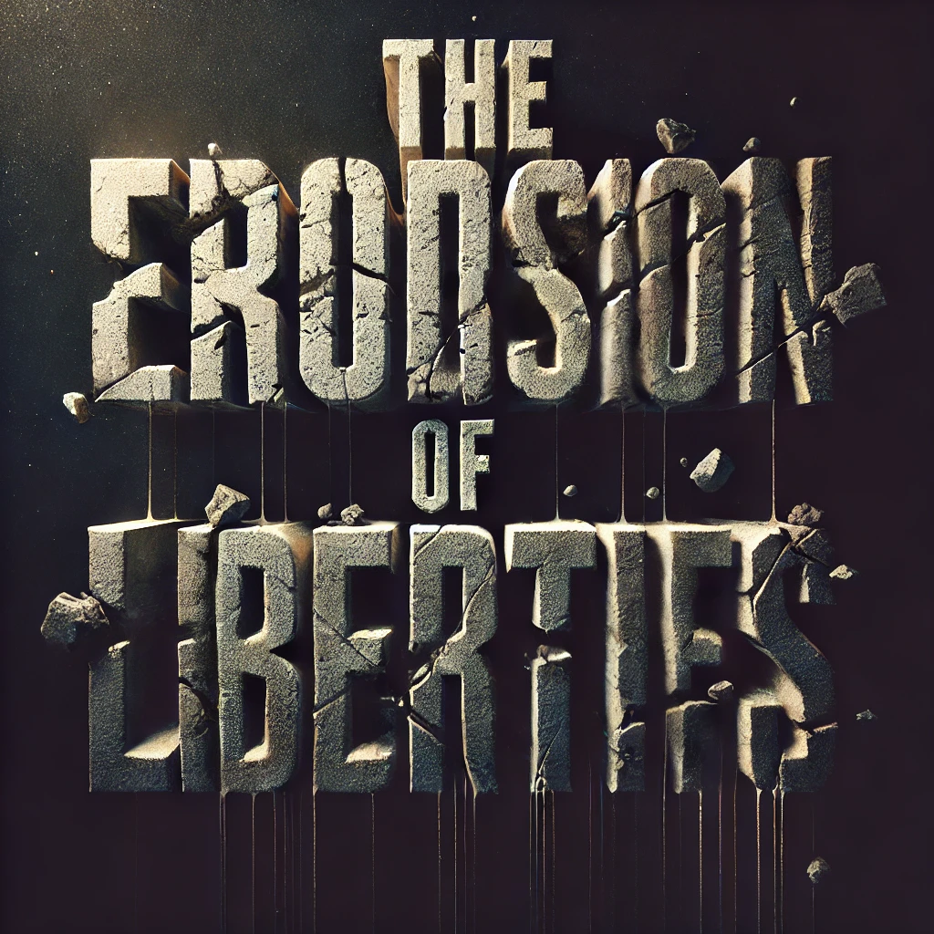A powerful typographic image titled The Erosion of Liberties The text is large and bold fractured and crumbling at the edges symbolizing the deterioration of freedoms The background is dark with faint cracks spreading outwards emphasizing the theme of fragility and destruction The word Erosion appears as if its being worn away with pieces falling off while Liberties remains bold but with visible fractures giving the impression that it too is on the verge of breaking apart The lighting casts deep shadows across the letters adding a sense of weight and foreboding