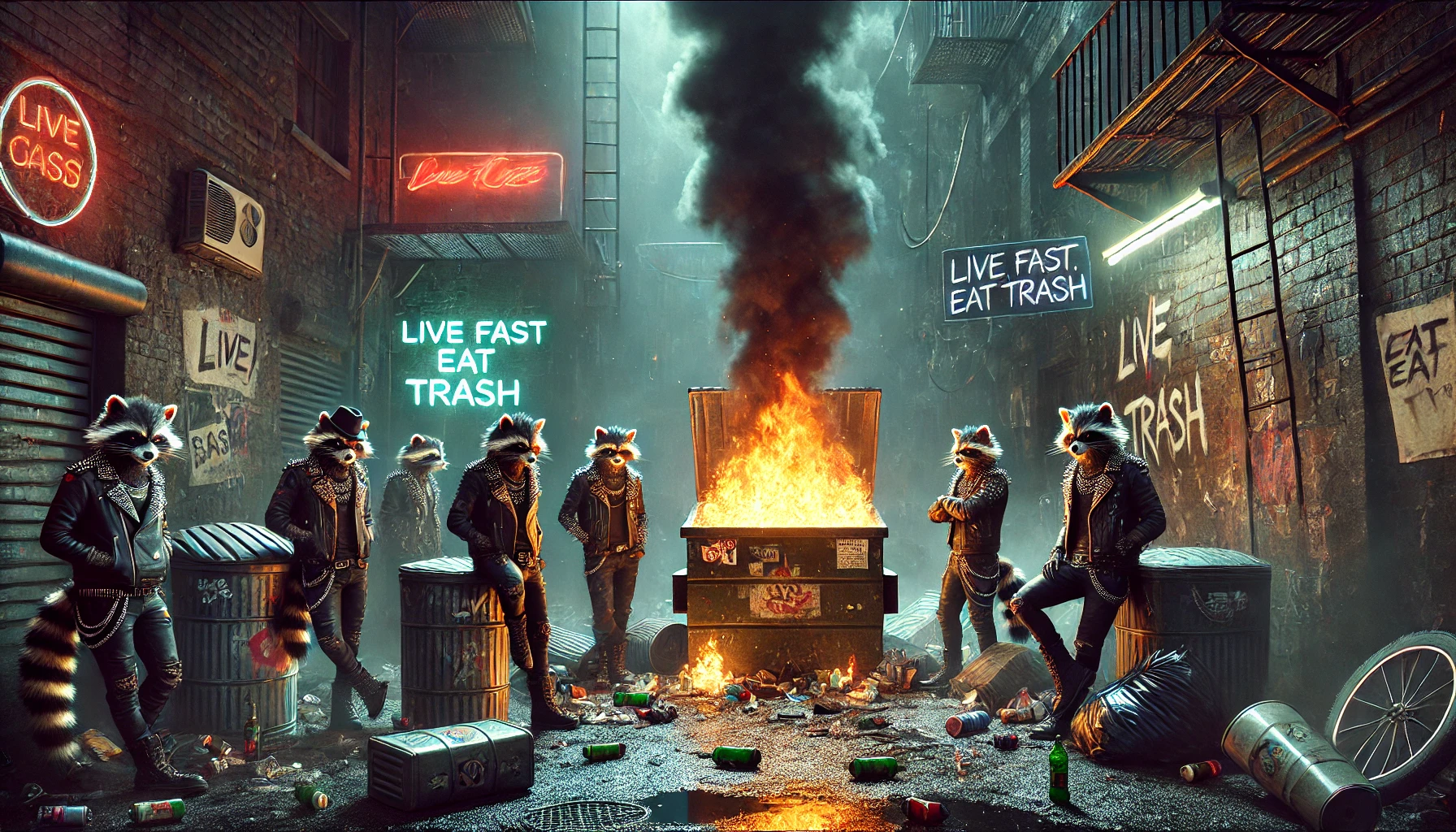 A dark greasy urban alley at night filled with dumpsters trash and broken bottles In the center a roaring dumpster fire emits thick black smoke illuminating the alley with an eerie glow Around the fire TrashCat raccoons in punk leather jackets chains and spiked accessories are gathered in a rebellious stance Graffiticovered walls neon signs and littered trashcans set the gritty atmosphere The scene is tense as if theyre preparing for an awakening Flames flicker casting long shadows The words Live Fast Eat Trash are spraypainted on the wall behind them in grunge typography
