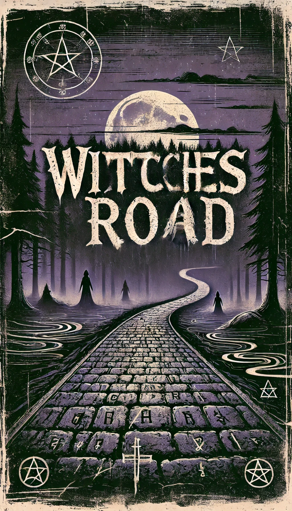 An eerie dark road winding through a thick forest lit by moonlight The road is ancient cracked with mystical symbols drawn on it In the shadows faint silhouettes of witches can be seen and mist swirls around the ground The typography for the title Witches Road is bold grungy and scratched placed across the top dripping like black ink The overall color scheme is muted with deep purples blacks and dark greys highlighting the mystical and foreboding mood of the image The font should look like it was carved into stone or old wood