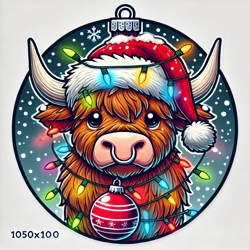 A circular 1050x1050 ornament design featuring a lovable highland cow dressed up for Christmas The cow wears a tilted Santa hat with colorful Christmas lights wrapped around its large horns Ornaments dangle from the lights and the cow has a comically frustrated expression Snowflakes drift lazily around the scene and everything is carefully contained within the circular perimeter