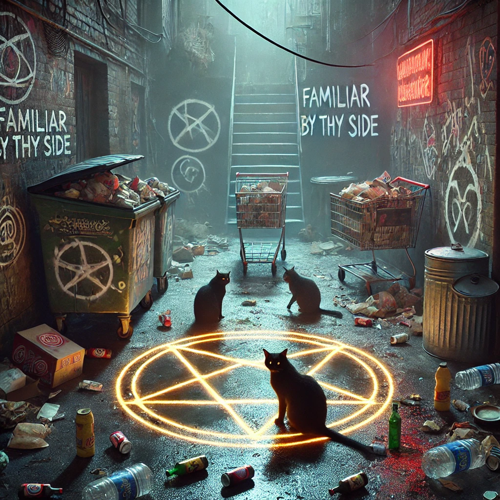 A dark alley filled with greasy wrappers broken bottles and trash cans overflowing with debris TrashCats are gathered around a glowing pentagram drawn in neon on the dirty ground Graffiti covers the walls with symbols of skulls bones and occult markings The air is filled with mist and the faint flicker of neon signs A broken shopping cart leans against a dumpster adding to the chaotic trashfilled scene The atmosphere is mysterious and grimy with hints of magic Typography in a bold distressed font says Familiar by thy side on the wall behind them