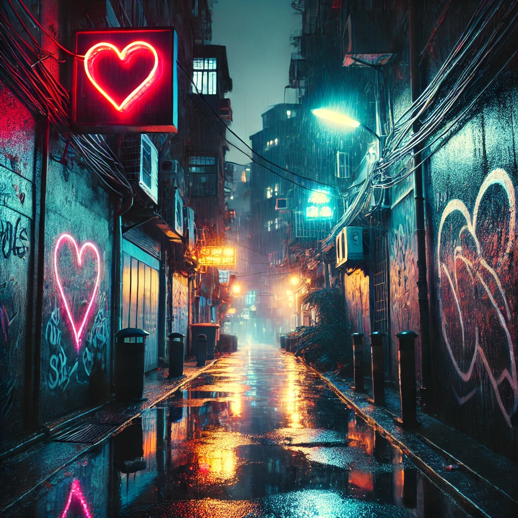 A dark alley with neon lights reflecting off rainsoaked pavement Graffiti hearts glow faintly on the walls adding a touch of warmth to the otherwise cold scene hinting at an emotional shift