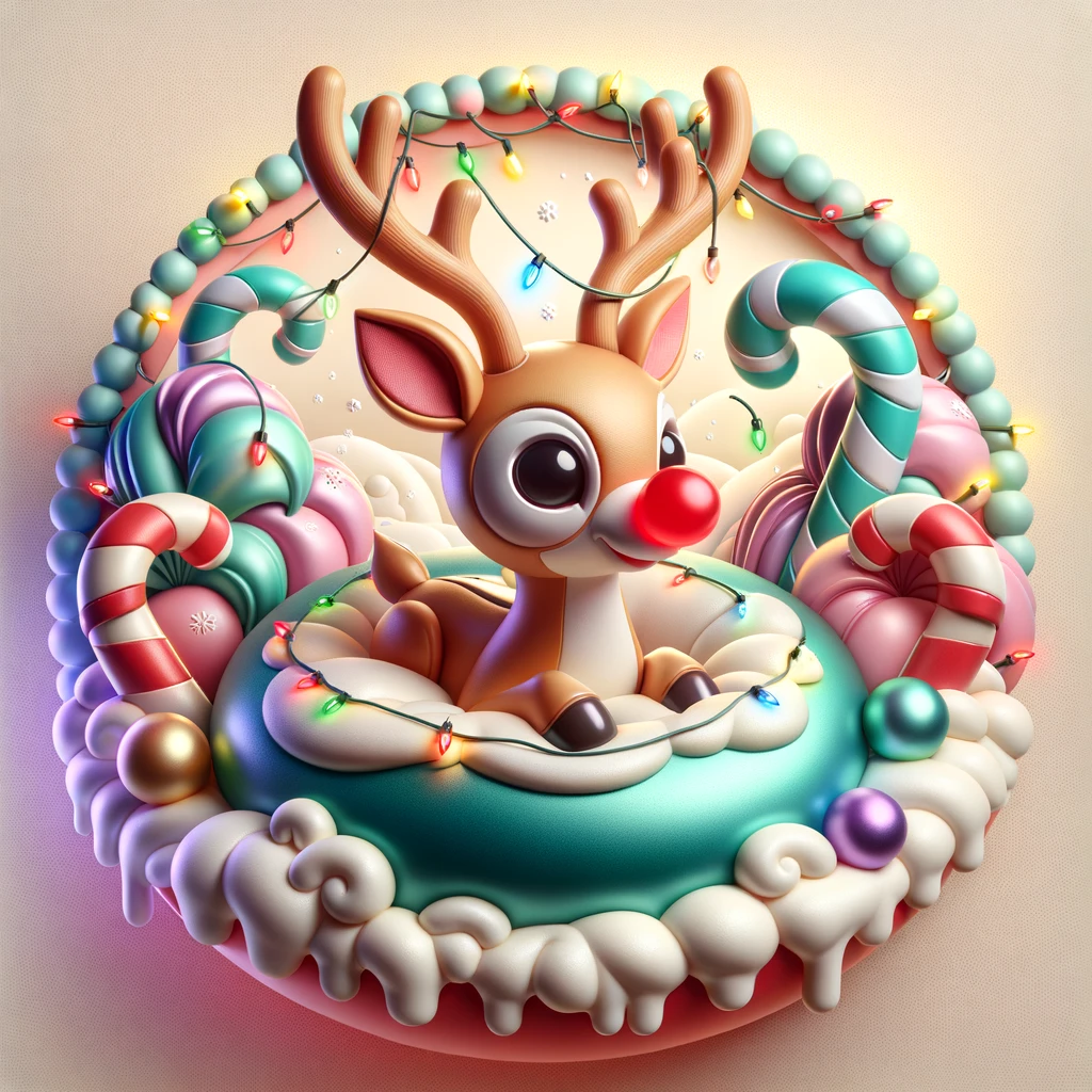 A 3D holiday design featuring Rudolph the RedNosed Reindeer in the center of a circular frame with an inflated round body and bright glowing red nose His antlers are decorated with colorful Christmas lights Surrounding him are swirling inflated snowflakes and candy canes The background has soft cushioned snow and the edges of the circle are framed with dripping pastelcolored icing Above Rudolph the text Rudolphs Inflated Glow is written in a playful puffy font The entire design is contained perfectly within the circular boundary for a balanced cheerful ornament look