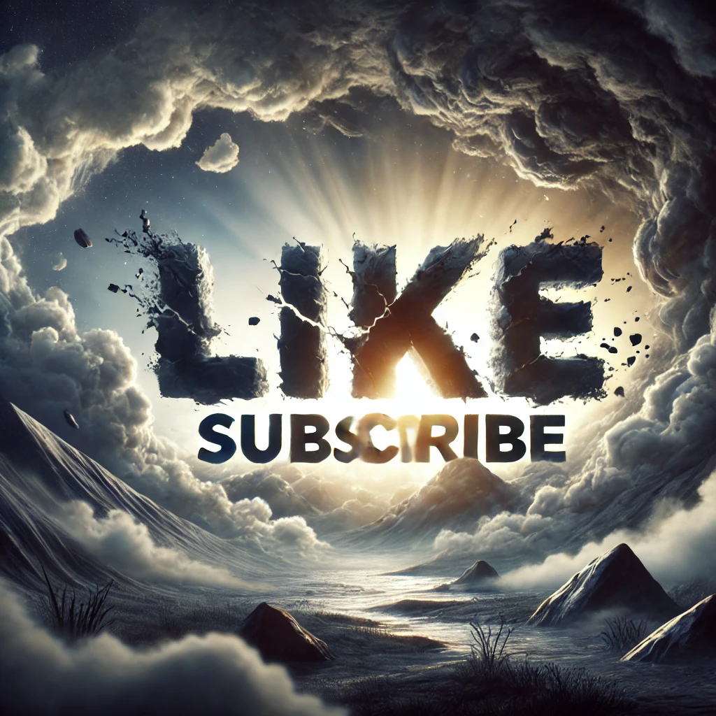 A darkened landscape with swirling clouds and a soft light breaking through in the center On the left the word Like appears in cracked bold typography while on the right Subscribe is coming together from fragmented pieces The lighting highlights the text creating a striking contrast between the dark clouds and the vibrant white and blue light emerging from the background The atmosphere is ominous yet hopeful with a focus on urging the viewer to like and subscribe