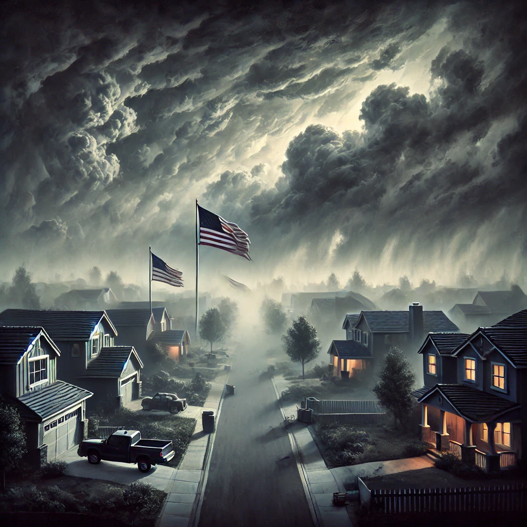 A peaceful suburban neighborhood with dark clouds fully engulfing the sky The homes are now almost fully covered in shadows and there are subtle figures hidden in the fog The American flag is torn and the once vibrant scene is now nearly consumed by darkness In the background the storm looms closer bringing with it chaos and disorder