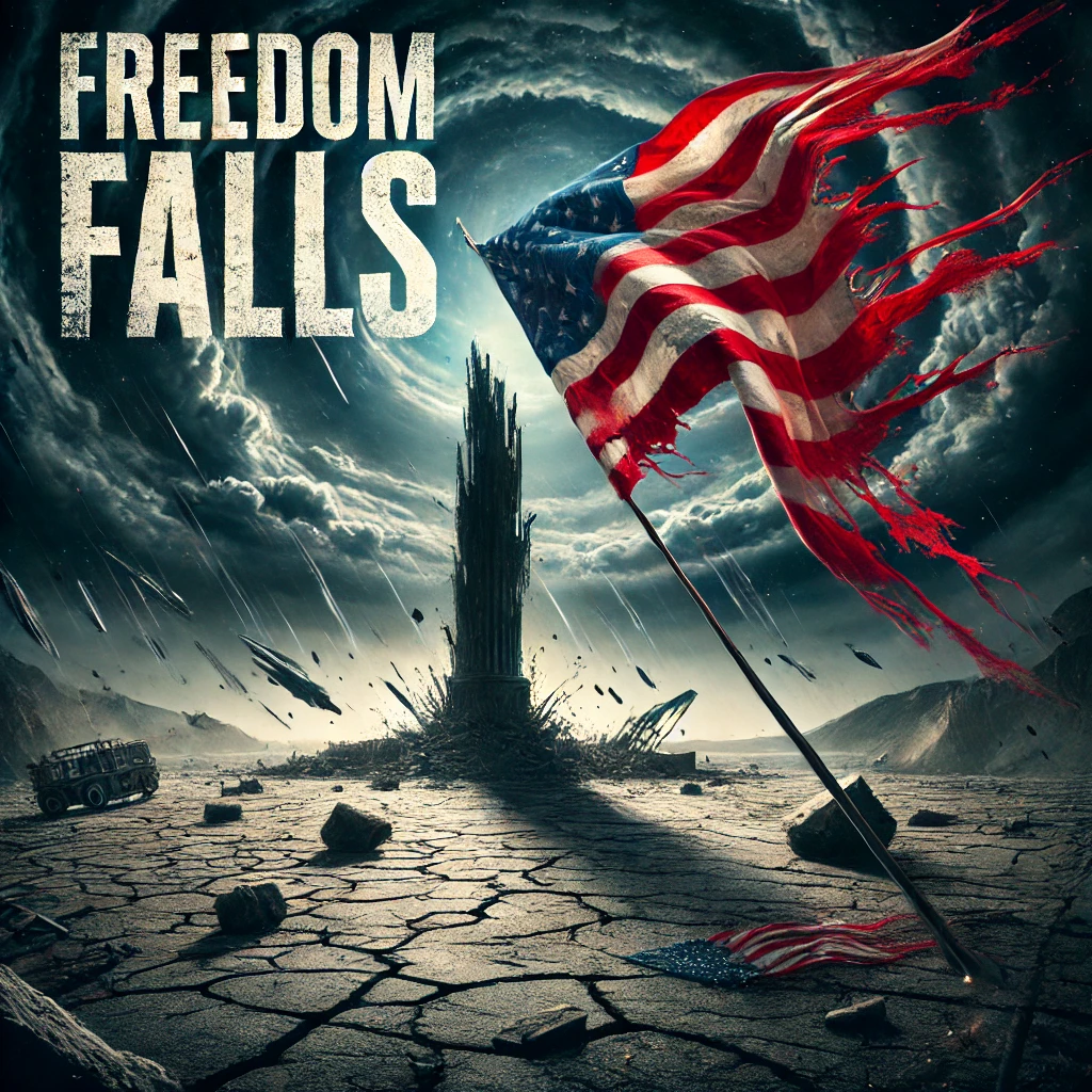 A lone tattered American flag stands defiantly on a barren landscape In the background the remnants of a fallen monument are visible surrounded by cracked earth and debris Dark clouds swirl overhead as if the sky itself is collapsing Bold shattered text reads Freedom Falls in the top right corner emphasizing the finality of the collapse The lighting is harsh with deep shadows and the colors are predominantly dark with striking highlights of red and white