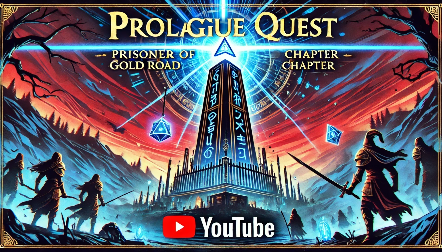 A vibrant 169 YouTube cover image for a fantasy walkthrough of Prologue Quest  Prisoner of Fate  Gold Road Chapter The scene shows a towering obelisk glowing with ancient runes in a mystical landscape Shadowy figures stand poised for battle beneath the glowing light of a blue beam shooting from the obelisk into the sky Typography is bold and sharp reading FaTe in a gothic and RPGinspired font styled to match the Elder Scrolls Online aesthetic positioned dramatically at the center The colors are vibrant with deep blues reds and magical elements creating an epic and dramatic atmosphere