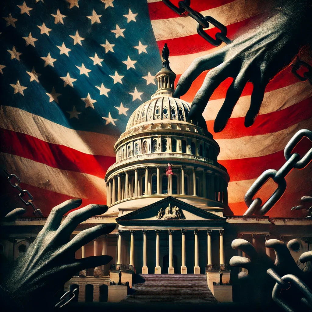 The American flag is distorted in the background pieces falling away revealing shadowy hands clutching at the crumbling Capitol building in the foreground Chains wrap tightly around the Capitol symbolizing the forces attempting to replace democracy Dim sickly light illuminates the hands and chains while the Capitol is bathed in heavy shadows suggesting a complete takeover No text focus on the symbolism