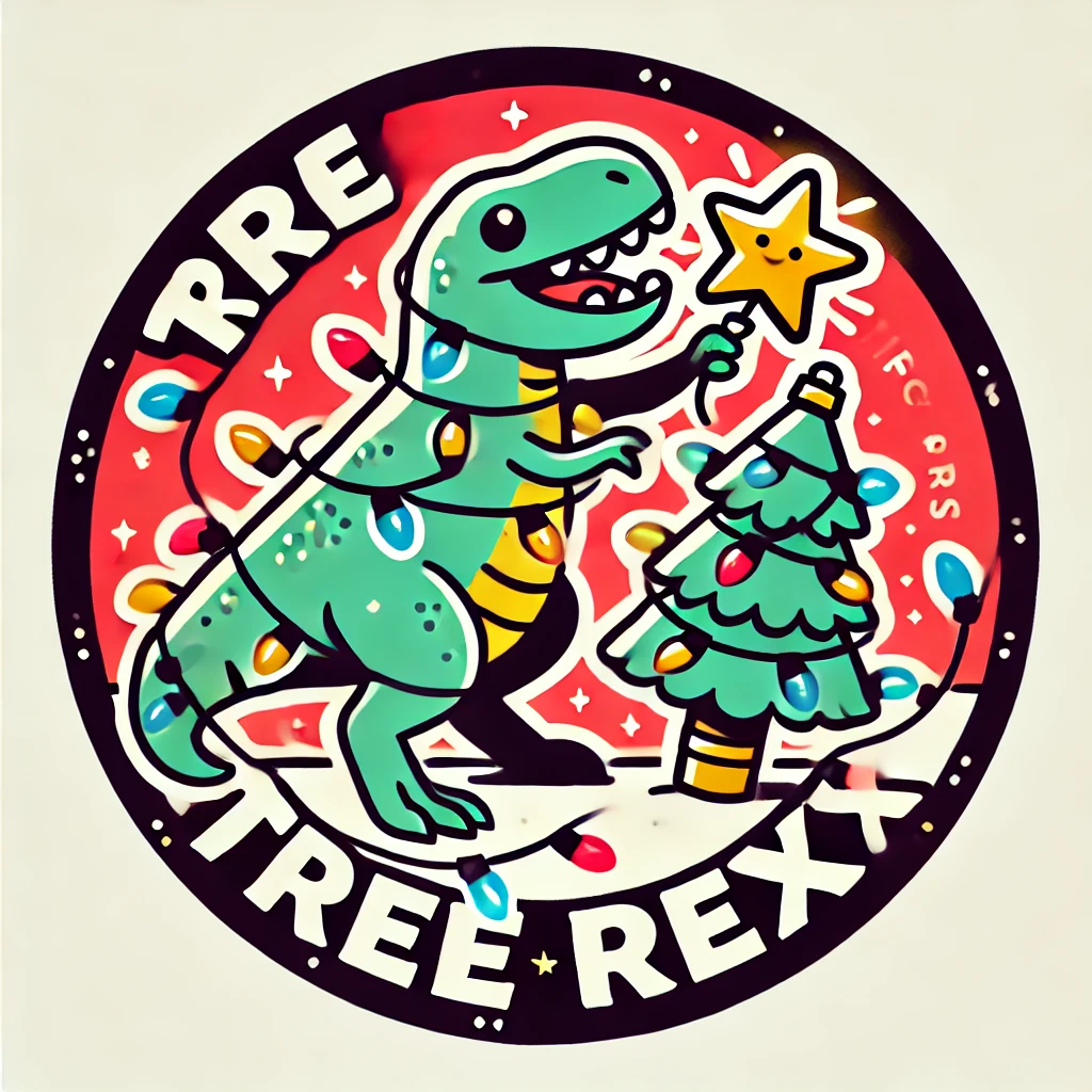 A whimsical circular ornament design featuring a dinosaur wrapped in Christmas lights holding a star in its tiny arms while trying to decorate a tree The phrase Tree Rex is written in playful bouncy letters that resemble the movement of the dinosaur bringing energy and fun to the scene The design is humorous and festive contained within the circular frame