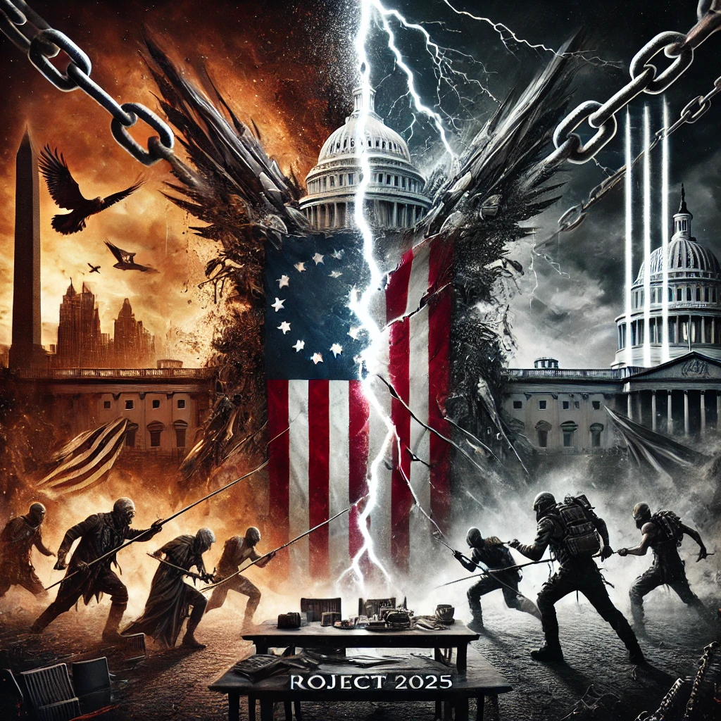 A powerful and dark album cover for An American Disaster Project 2025 The scene shows a divided America with a cracked and torn American flag as the centerpiece being pulled apart by shadowy figures from both sides One side of the flag represents traditional American values with imagery of the American Revolution like the Liberty Bell and early revolutionary symbols The other side shows a chaotic and emerging ideology with modern digital symbols and distorted imagery representing the future In the background the Capitol is crumbling on one side while a dark looming structure representing Project 2025 rises on the other side Lightning strikes and chains connect both sides symbolizing the conflict and tension The text An American Disaster Project 2025 is boldly placed in the middle with the subtitle As America Approaches its 250th Anniversary in a smaller sleek font below The overall tone is dark ominous and filled with tension reflecting the conflict of ideologies