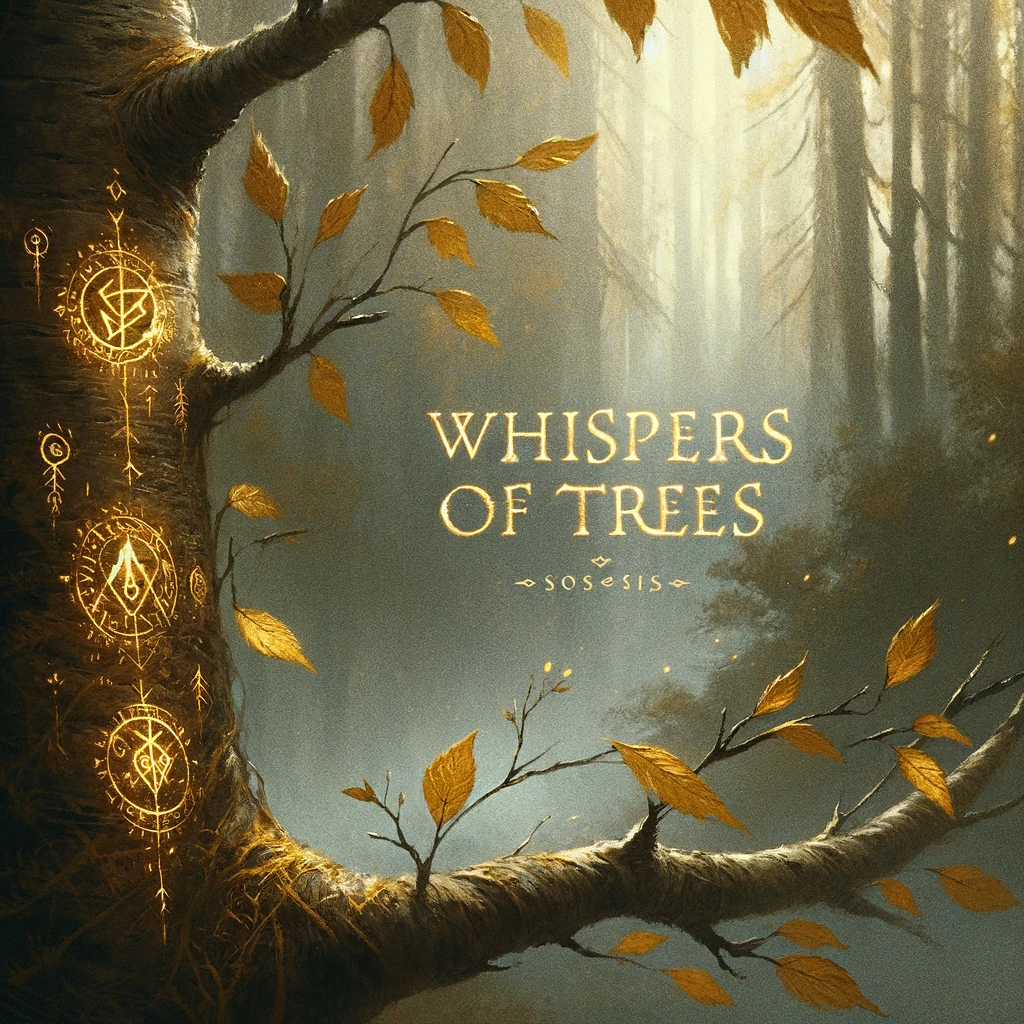 A closeup of a branch with golden leaves rustling in the wind Faint glowing runes appear on the bark and the background shows an enchanted forest fading into mist The mood is mystical and quiet The text Whispers of Trees is written in a soft handwritten style